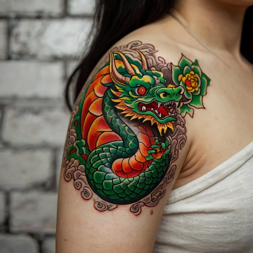 Colorful dragon tattoo on shoulder with vibrant green and orange scales, ornate details, and a yellow flower accent.