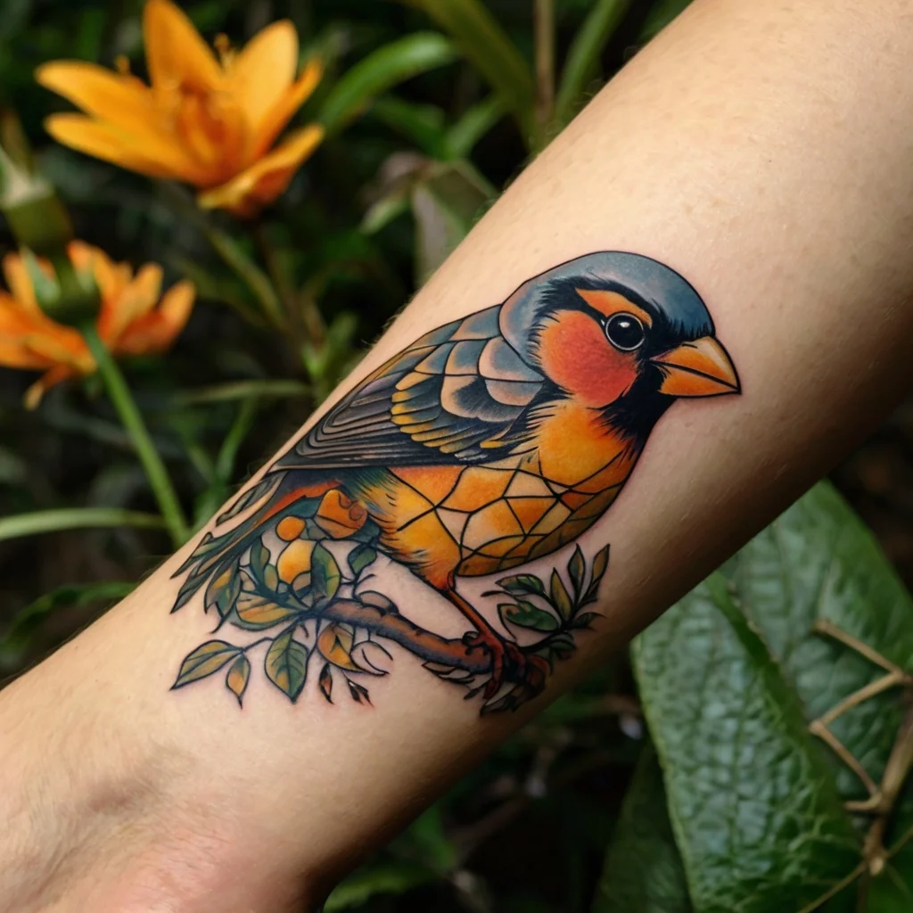 Colorful bird tattoo with geometric patterns, perched on a branch with leaves, blending realism and abstract art.