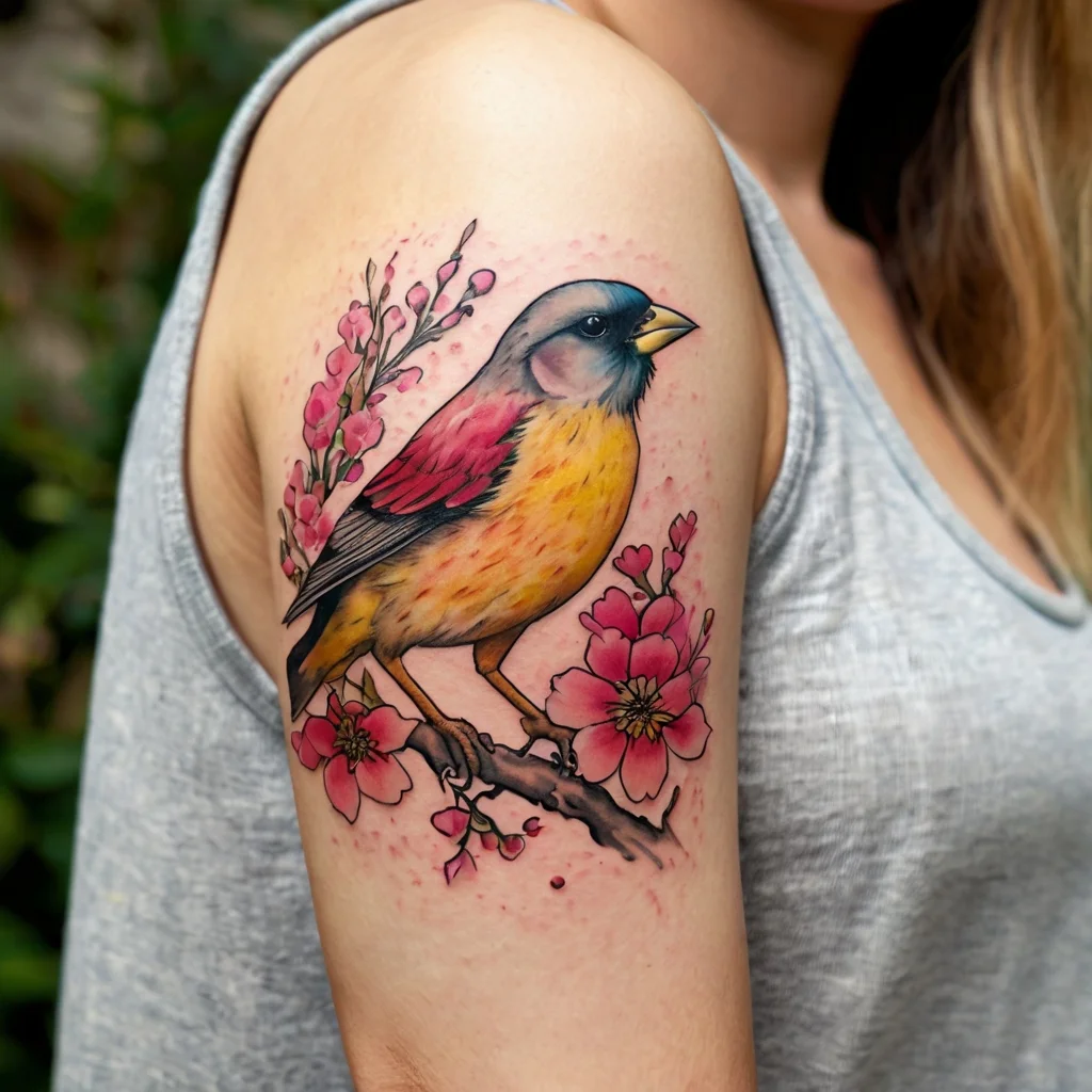 A vibrant tattoo of a colorful bird perched on a branch, surrounded by pink cherry blossoms on the upper arm.