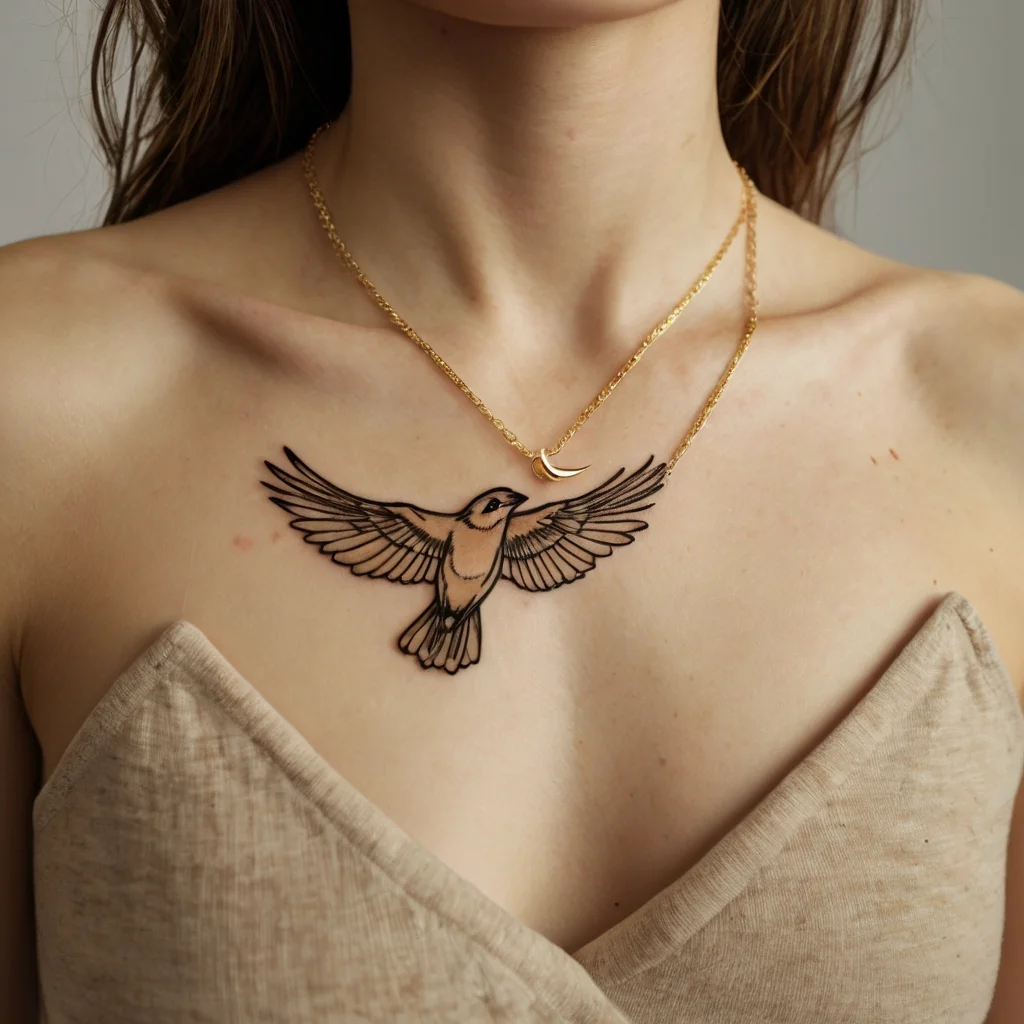 Tattoo of a bird with outstretched wings on the chest, in black linework, symbolizing freedom and grace.