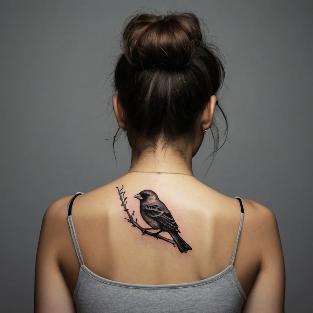 A realistic tattoo of a bird perched on a branch, detailed in grayscale, elegantly positioned on the upper back.