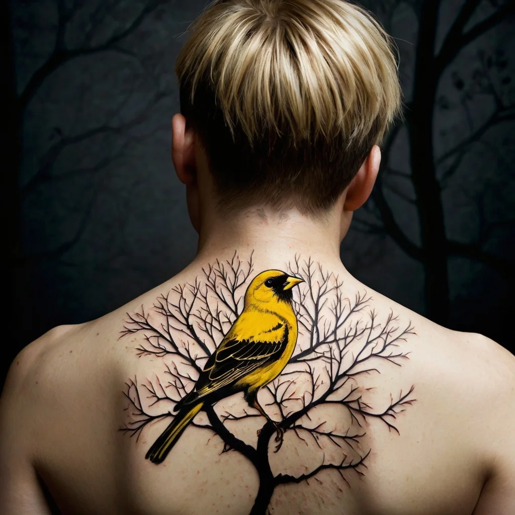 A vibrant yellow bird perched on detailed branches spread across the upper back, blending realism with bold colors.