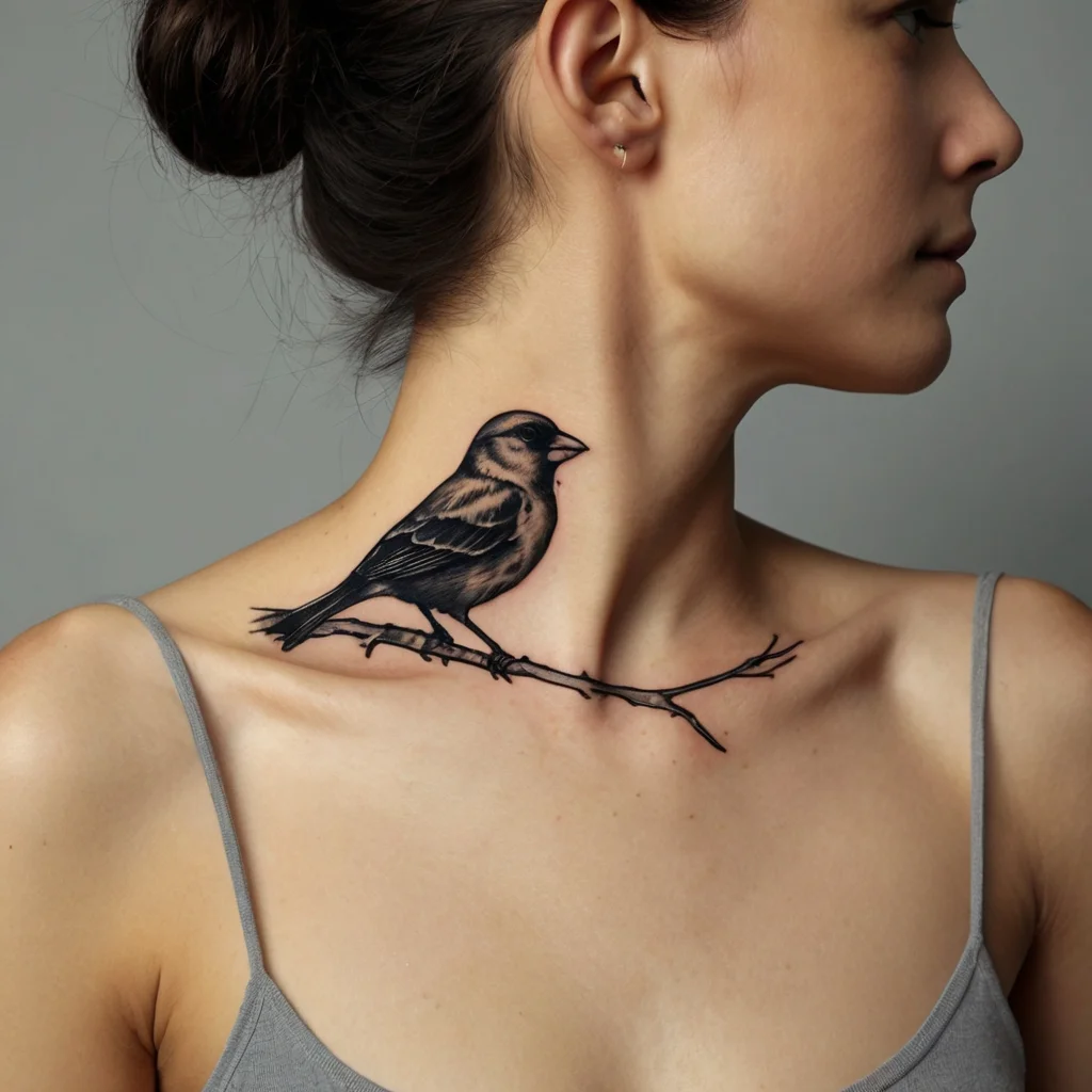 Tattoo of a realistic bird perched on a branch, elegantly spanning the collarbone with intricate shading and detail.