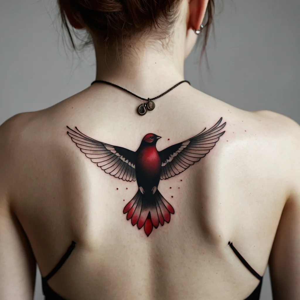 Tattoo of a stylized swallow with gradient red and black wings, central on upper back, symbolizing freedom and hope.