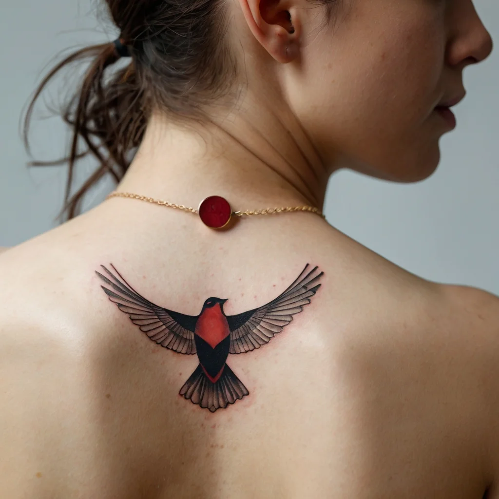 Tattoo of a stylized bird in flight on upper back, featuring red and black geometric shapes with detailed wings.