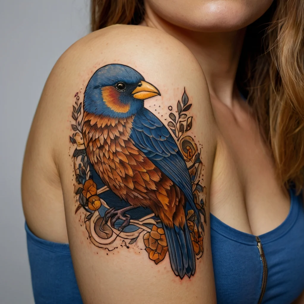 A vibrant bird tattoo on the shoulder, featuring detailed blue and brown feathers, surrounded by leaves and floral accents.