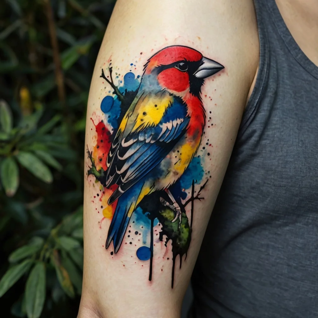 A vibrant watercolor tattoo of a colorful bird, featuring splashes of red, blue, and yellow with abstract ink accents.