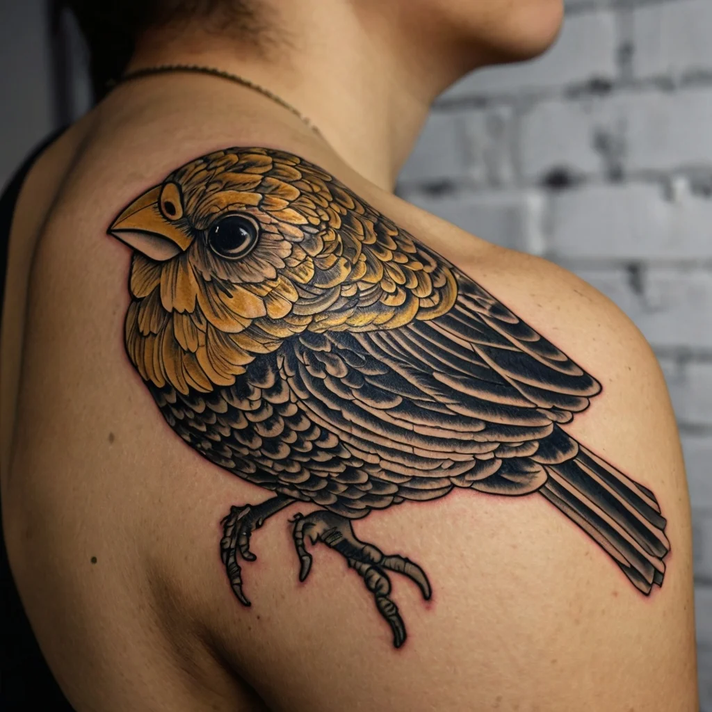 Detailed bird tattoo on shoulder, featuring intricate feather pattern in golden and black hues with realistic shading.