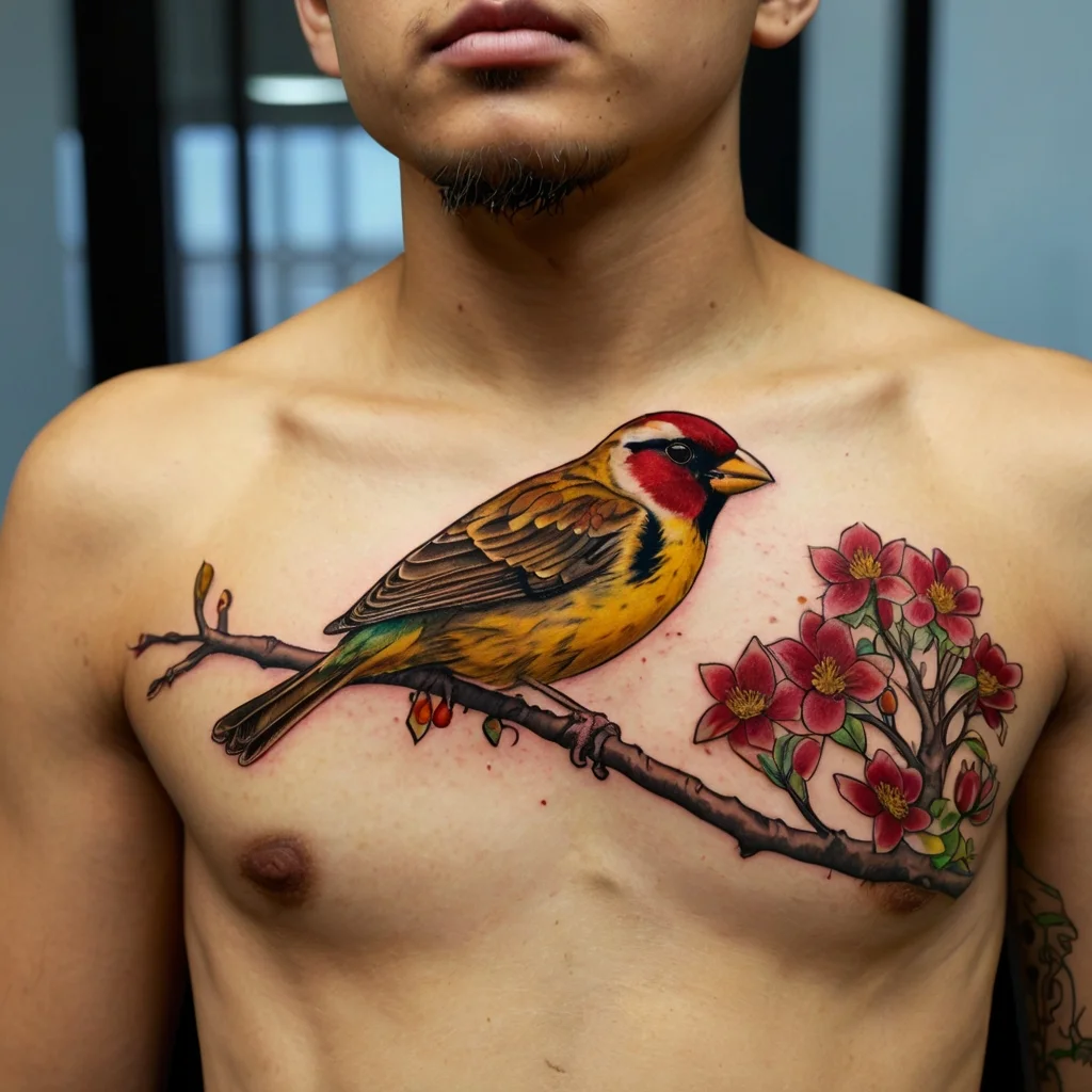 Chest tattoo of a vibrantly colored bird perched on a branch with pink blossoms, showcasing detailed and vivid artistry.