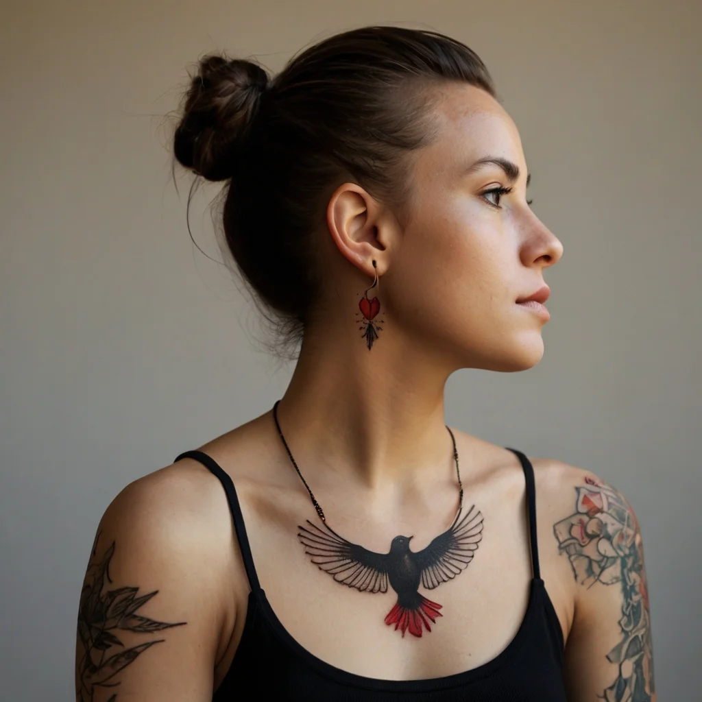 Minimalist black and red bird tattoo with outstretched wings on chest; geometric floral design on left arm.