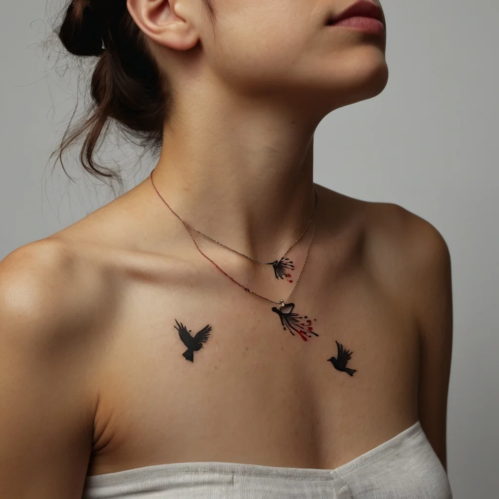 Tattoo of three black birds in flight, with added red accents above the chest, symbolizing freedom and transformation.