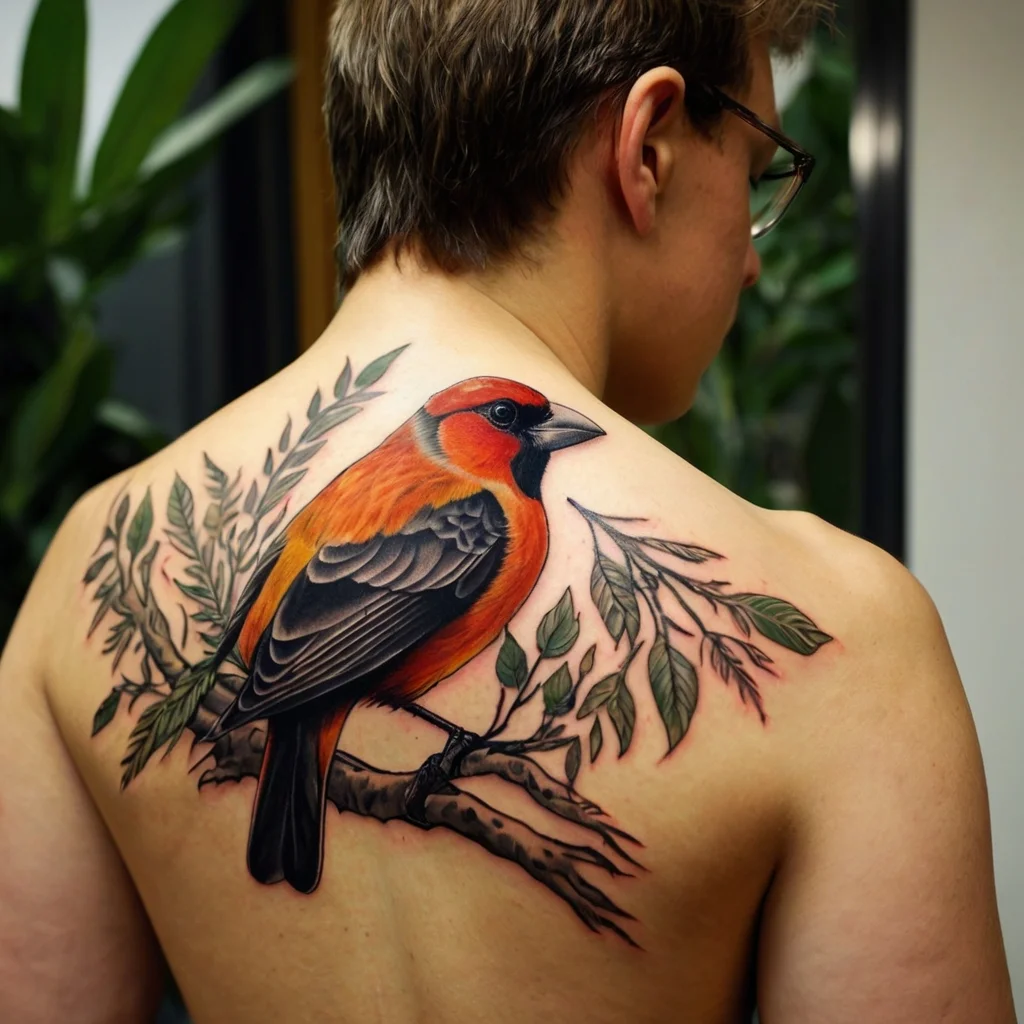 Tattoo of a vibrant orange and black bird perched on a branch, surrounded by delicate green leaves on the upper back.