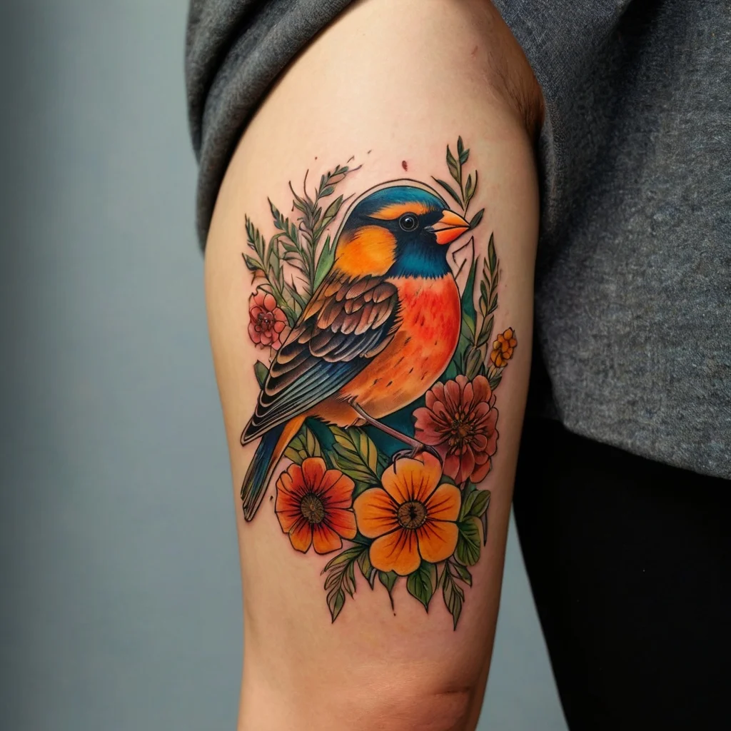 A vibrant tattoo of a colorful bird perched among detailed flowers and leaves, showcasing fine lines and bold hues.