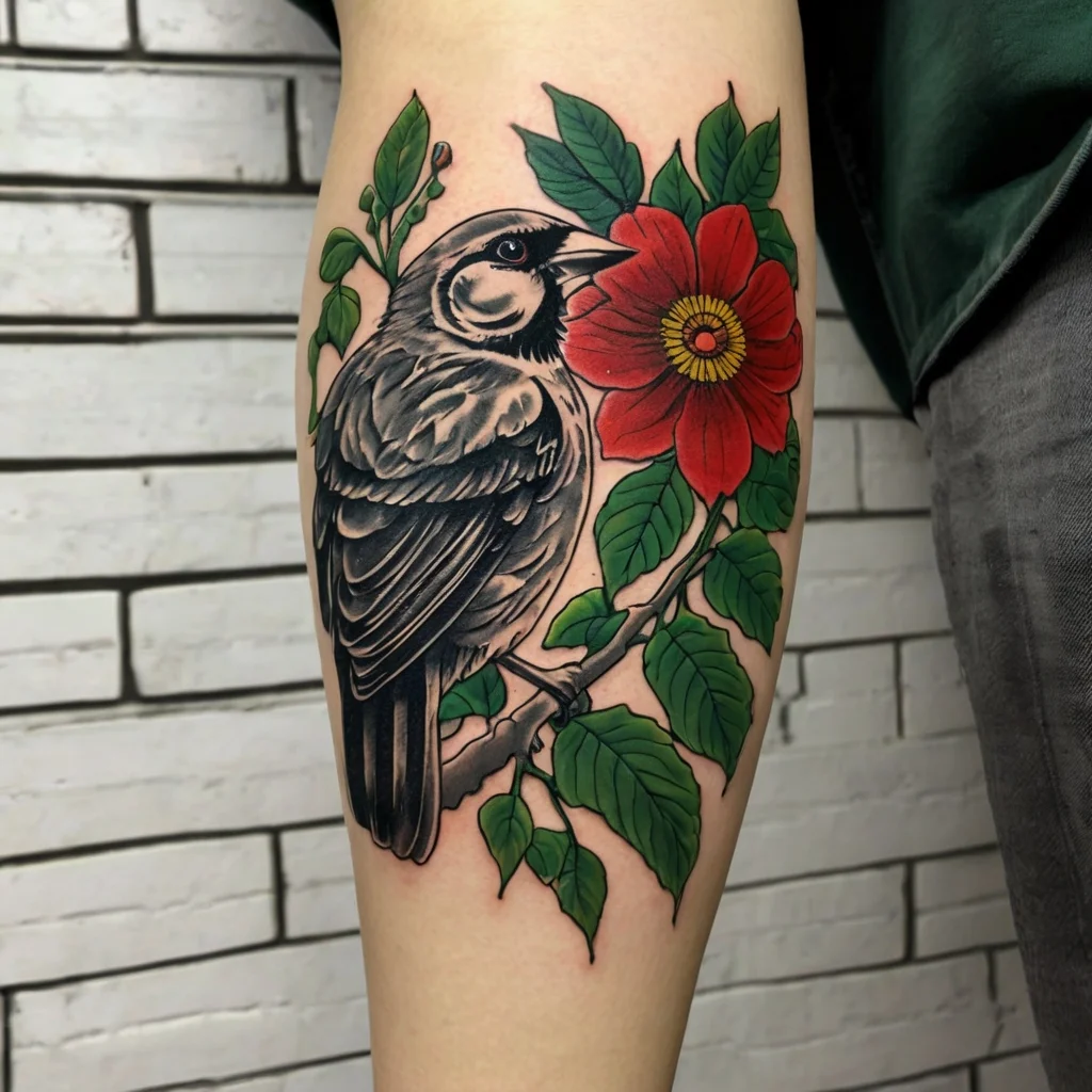 Tattoo of a detailed bird perched on a branch, surrounded by vibrant red flower and lush green leaves.