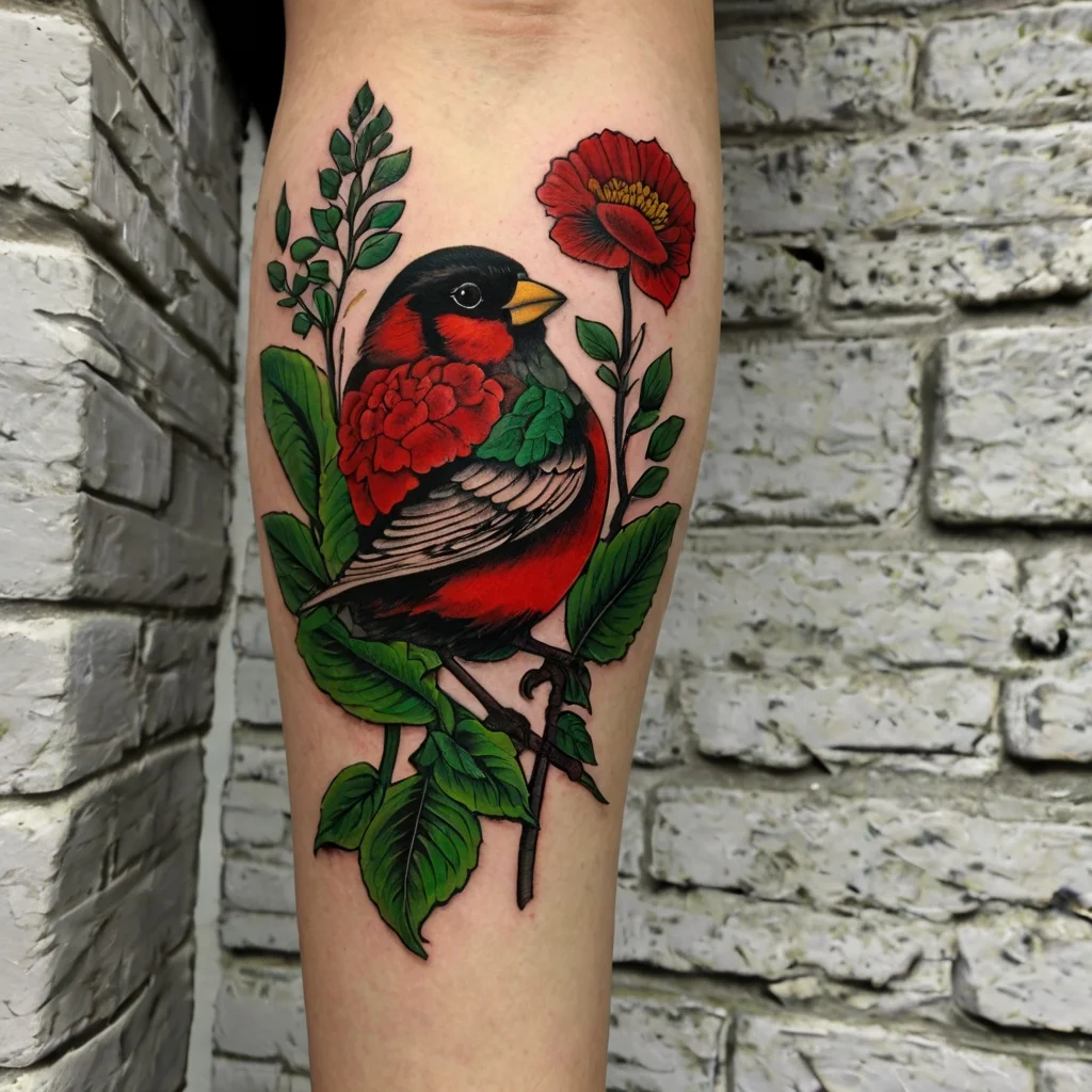 Colorful bird perched on branch with red flowers and green leaves in a realistic tattoo style.