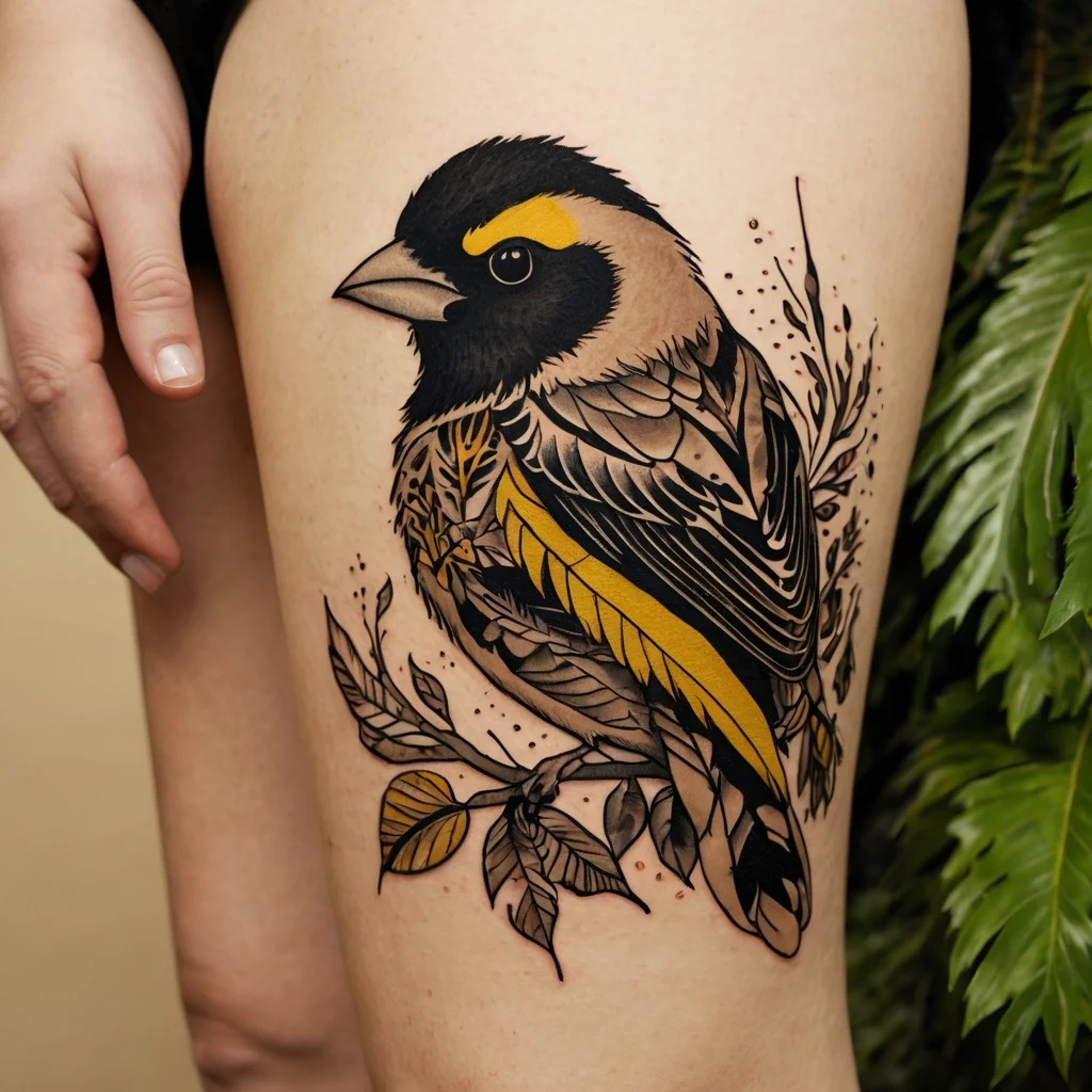 Tattoo of a geometric bird on a branch, featuring bold black outlines, intricate shading, and vivid yellow accents.