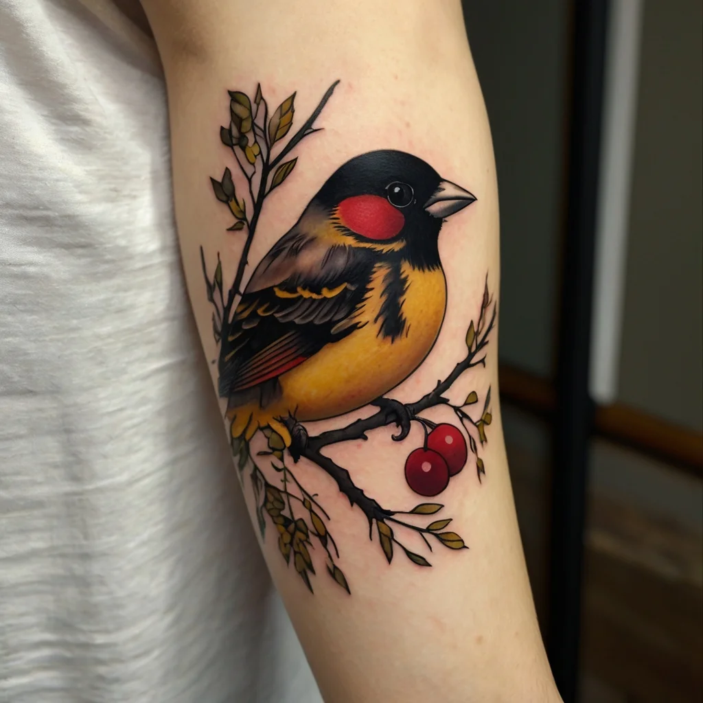 Tattoo of a vibrant bird perched on a branch with rich colors, lush greenery, and two red cherries, symbolizing freedom.