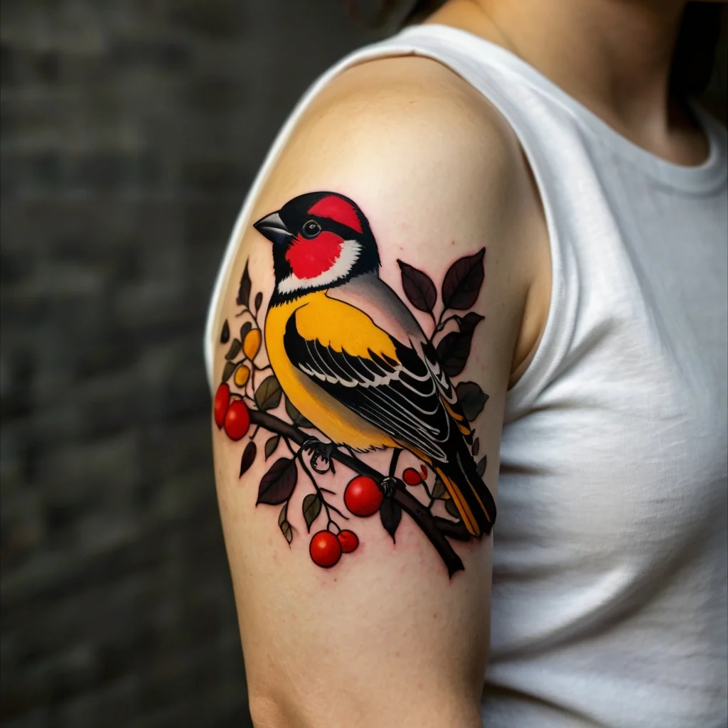 Tattoo of a vibrant bird with red, yellow, and black feathers perched on a branch with red berries and dark leaves.