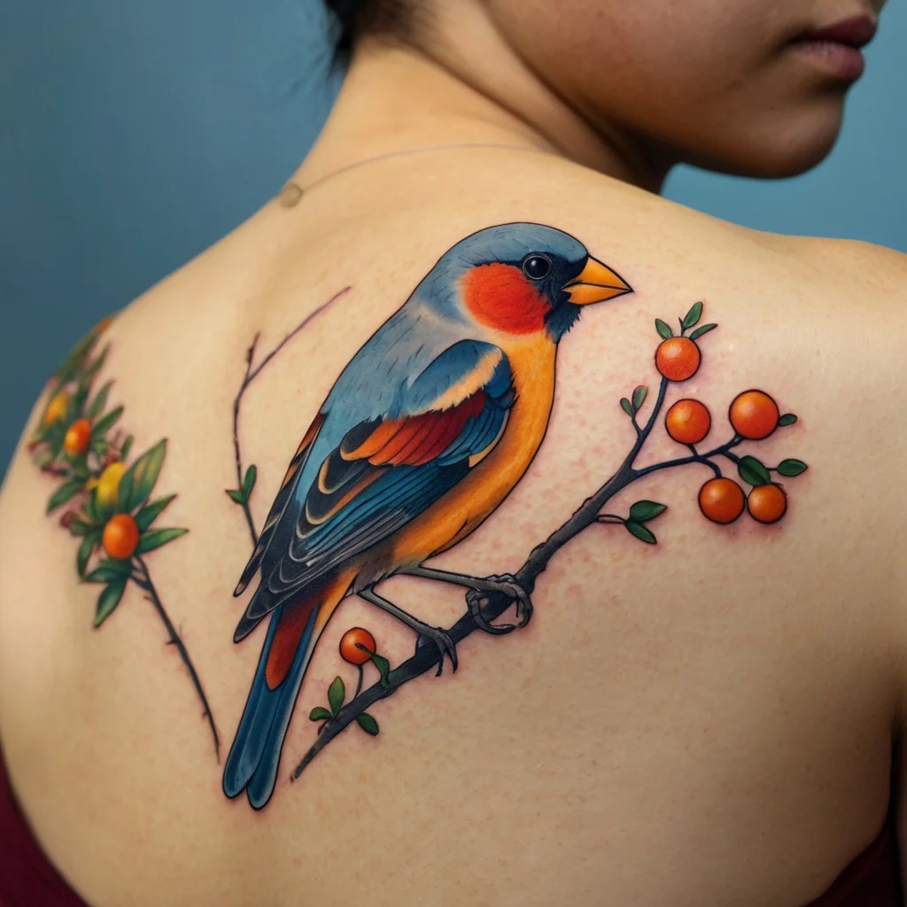 Colorful bird tattoo with orange and blue feathers perched on a branch with vibrant orange berries and green leaves.