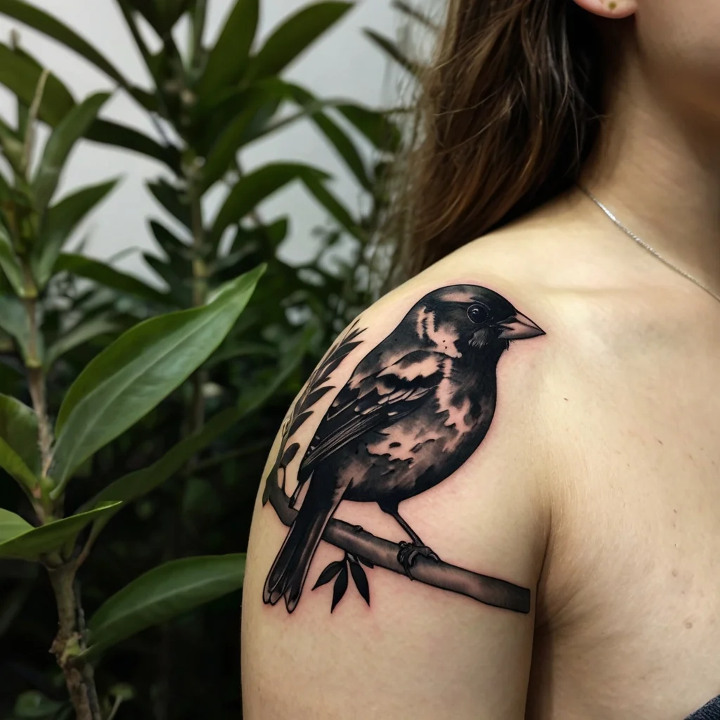 Black and gray sparrow tattoo on shoulder, perched on a branch with subtle shading and leaf details for depth.