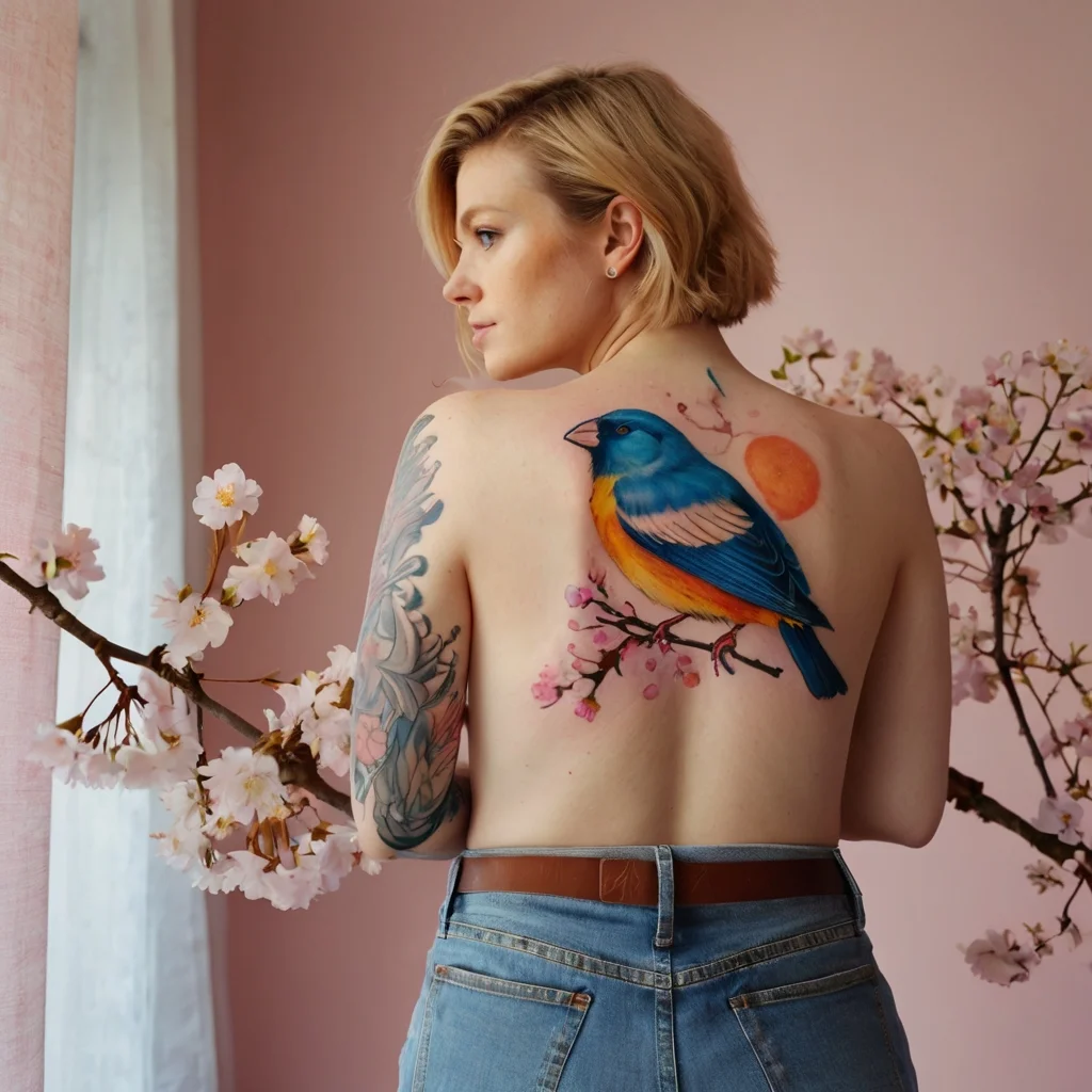 Colorful bird tattoo on back with cherry blossom branch and sun, showcasing vibrant realism and nature elements.