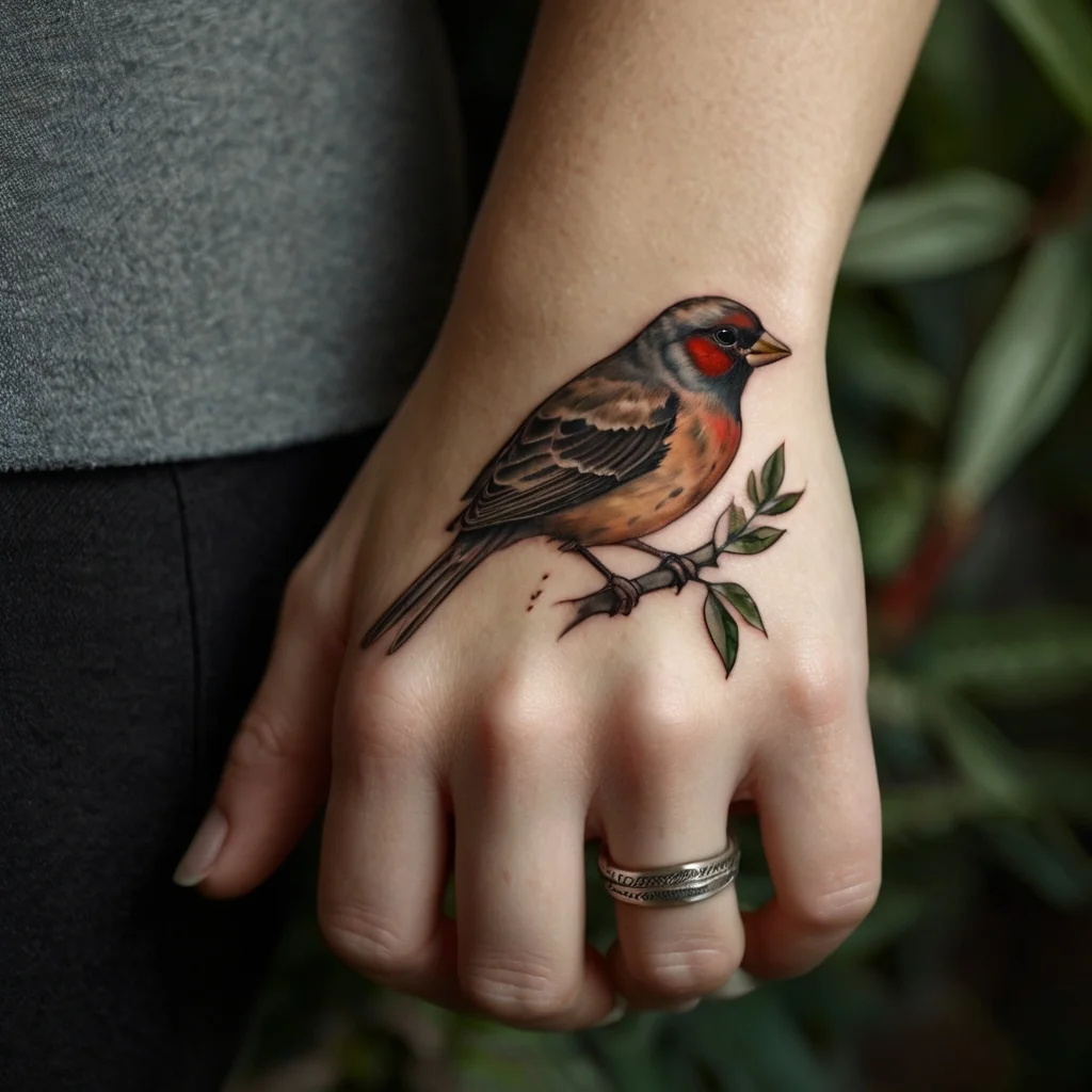 Realistic bird tattoo on hand, perched on a branch with leaves, vibrant colors, and intricate detailing.