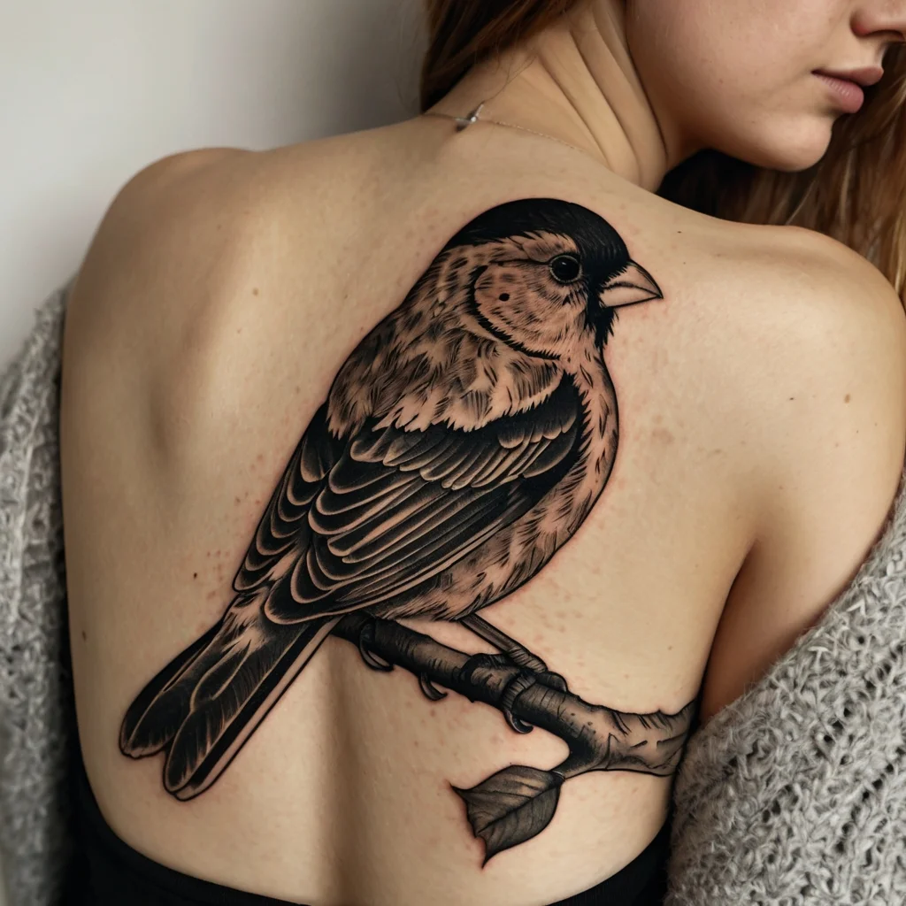 A detailed tattoo of a bird on a branch, with realistic shading and intricate feather details, placed on the upper back.