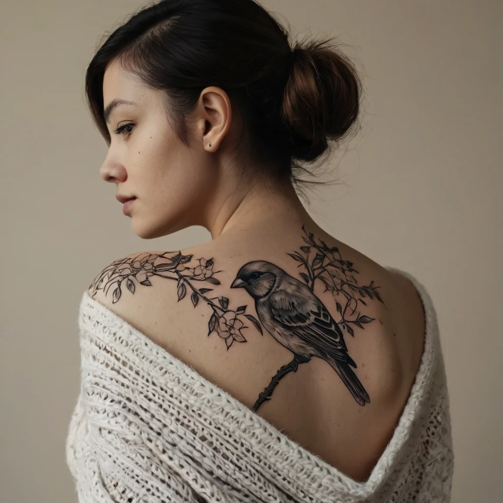 Intricate tattoo of a bird perched on a branch with delicate flowers and leaves, spanning the upper back and shoulder.