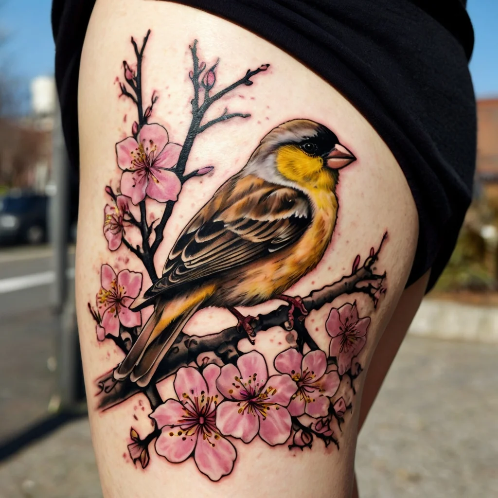 A vibrant tattoo of a bird perched on cherry blossoms, showcasing realistic details and vivid colors on a branch.