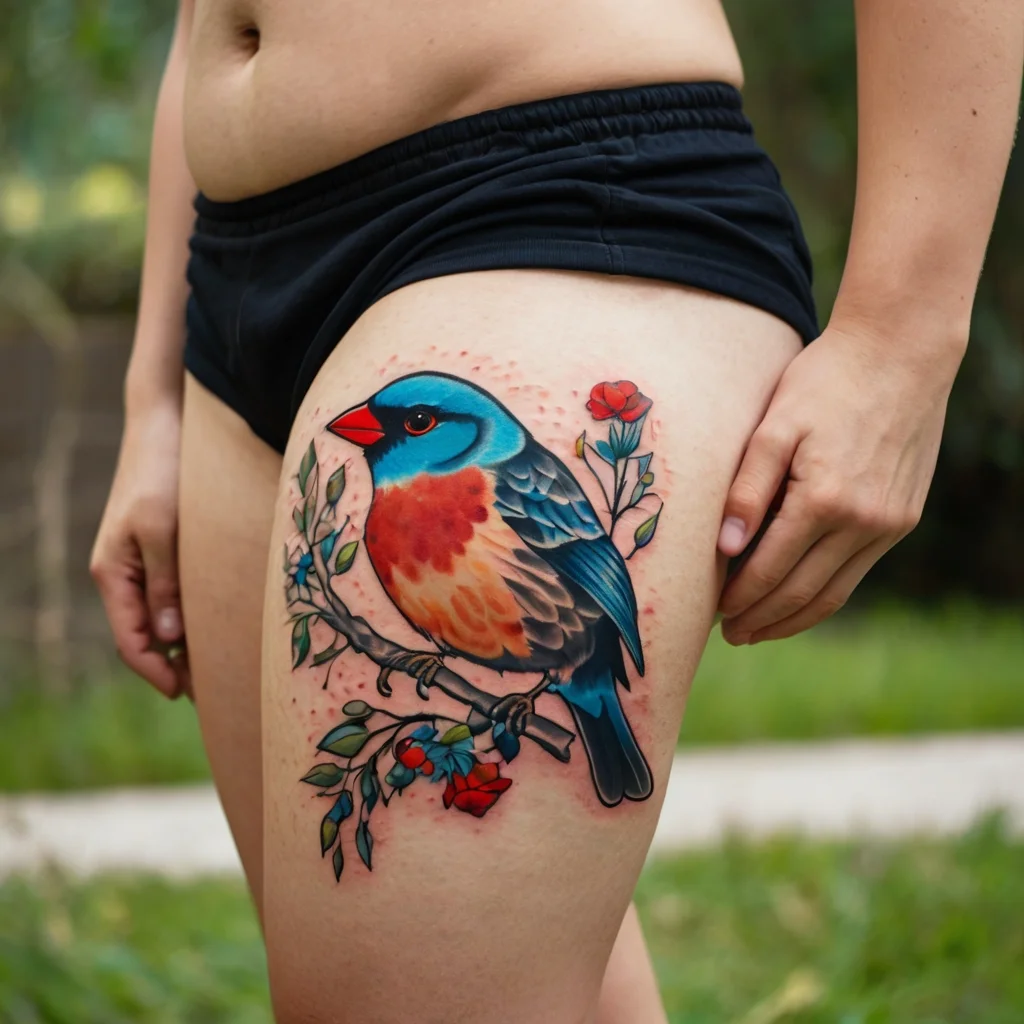 Colorful bird tattoo perched on a branch with roses and leaves, showcasing vibrant blues and oranges on the thigh.