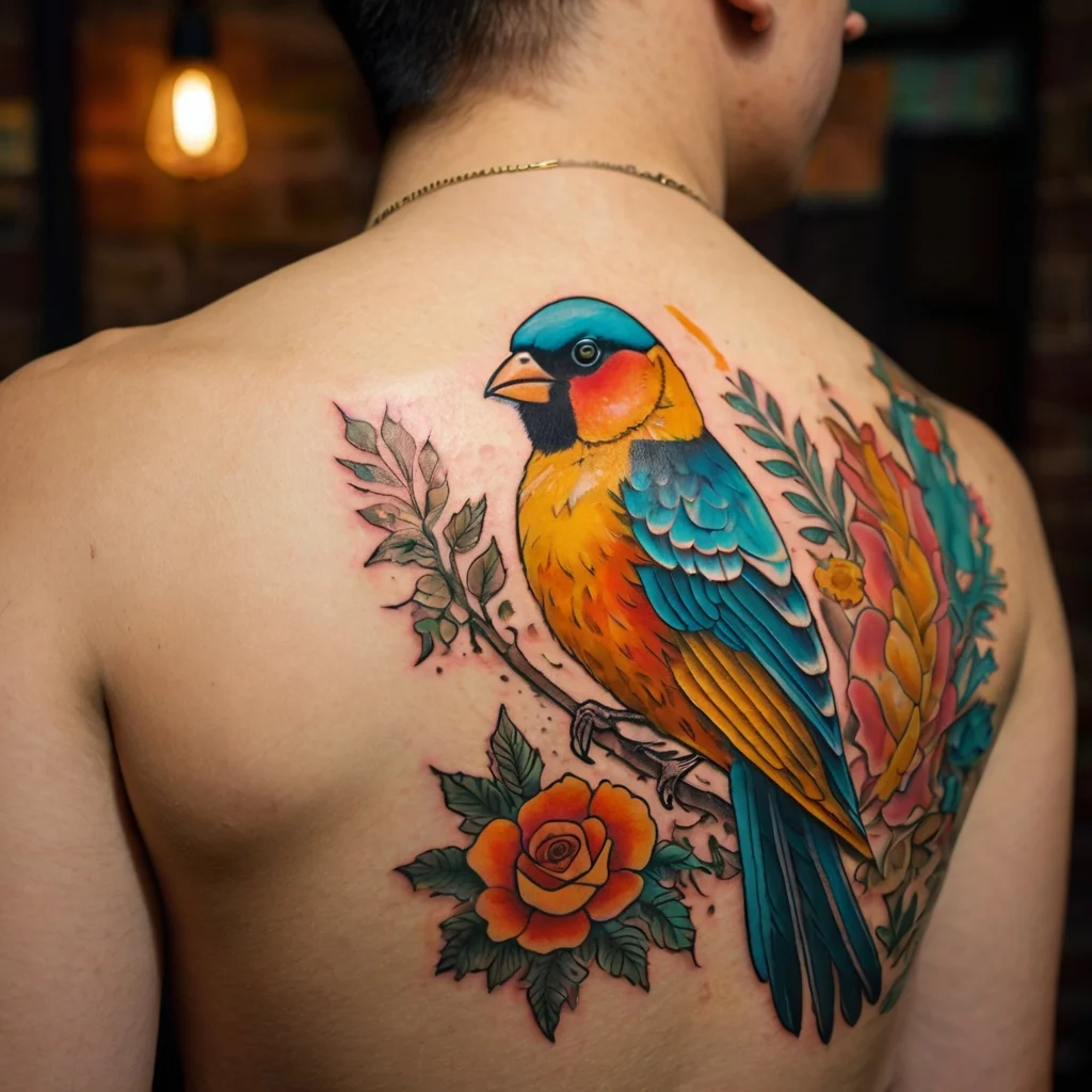 Colorful bird tattoo on back featuring vibrant blue and orange plumage with floral accents and leafy branches.