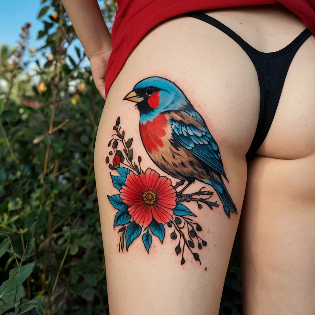 Vibrant tattoo of a blue and red bird perched on a branch, accentuated with red flowers and green leaves on the thigh.