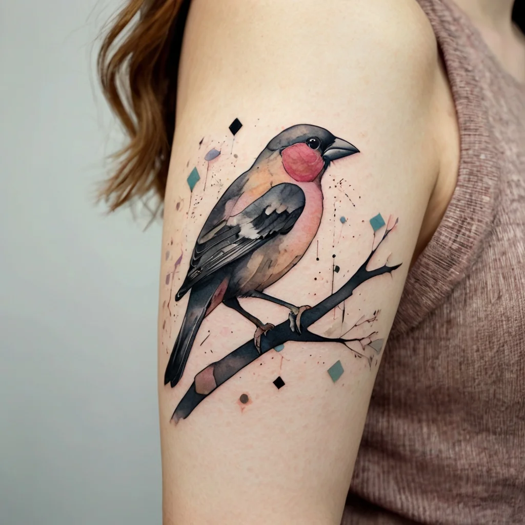 Watercolor tattoo of a bird on a branch, featuring pink, gray, and black hues with abstract geometric accents.