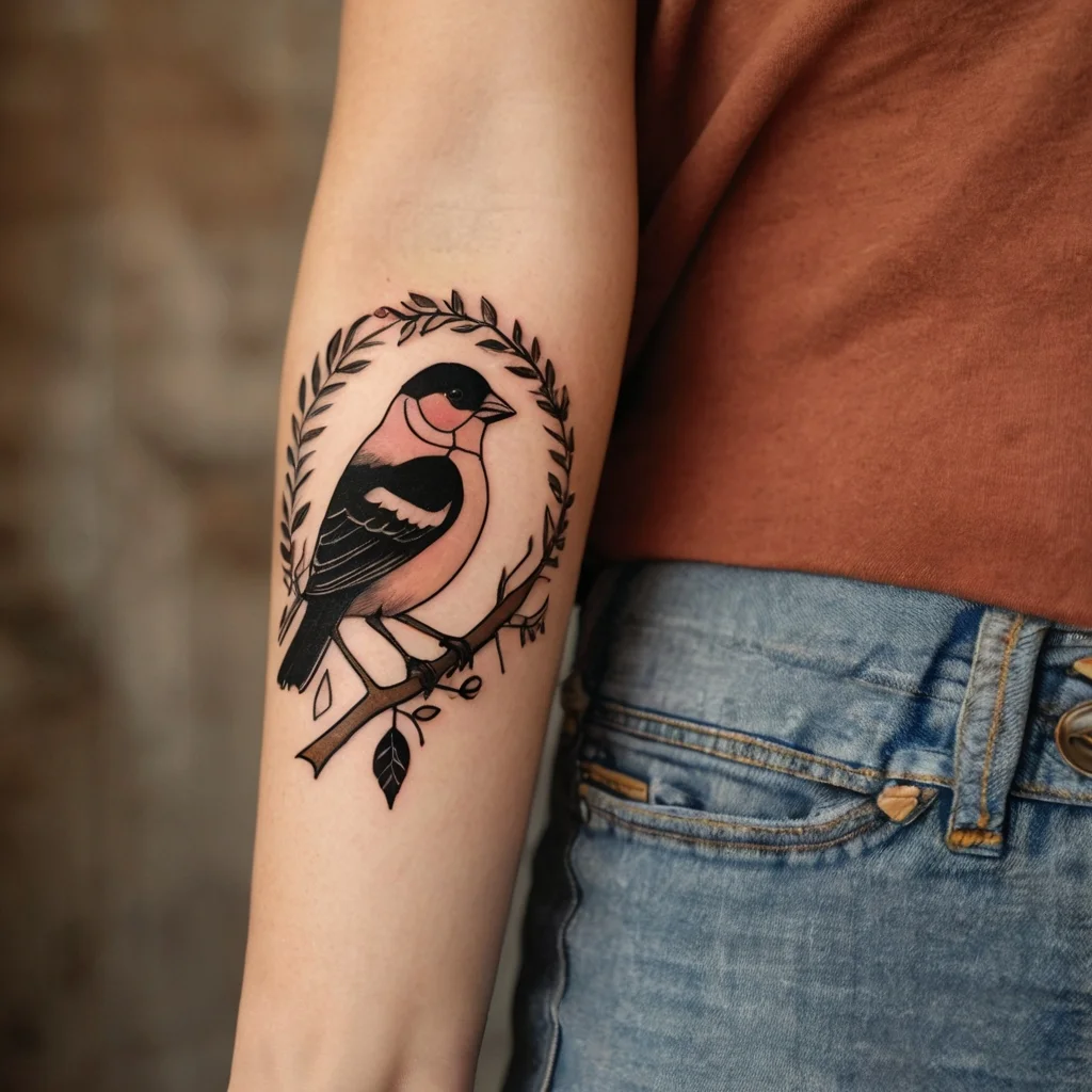 A bold tattoo of a finch on a branch, encircled by a laurel wreath, combines sleek black outlines with a soft pink hue.