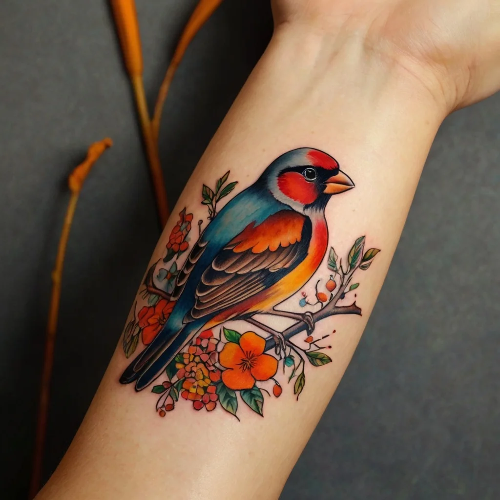 Vibrant bird tattoo with colorful plumage perched on a branch, surrounded by detailed orange blossoms and leaves.