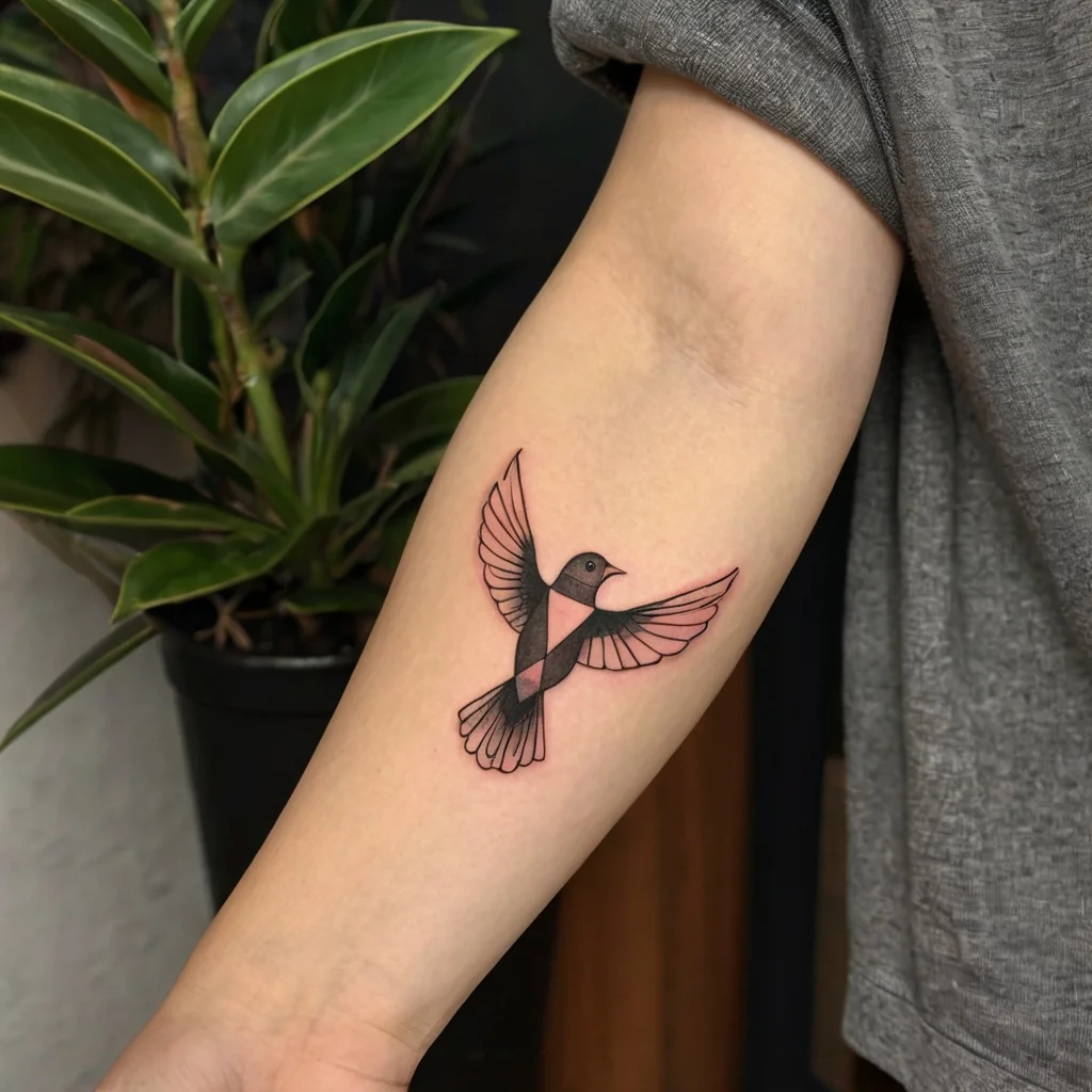 Geometric bird tattoo in black and pink tones, with wings spread; combines modern and traditional design elements.