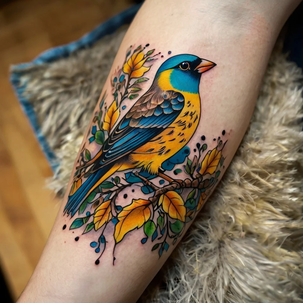 Colorful tattoo of a blue and yellow bird perched on a branch, surrounded by vibrant leaves and intricate details.