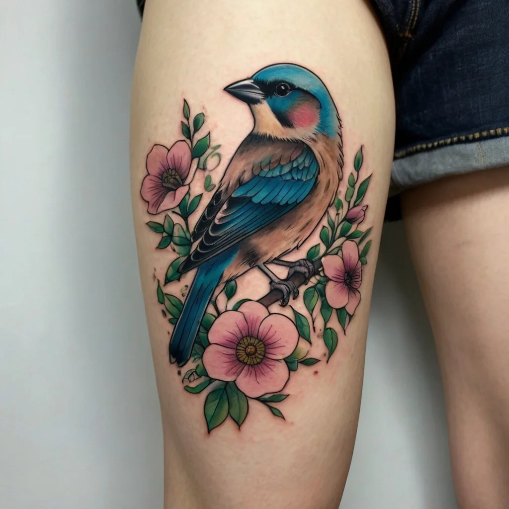 Colorful bird perched among pink flowers with green leaves, featuring blue and brown plumage detailed with shading.