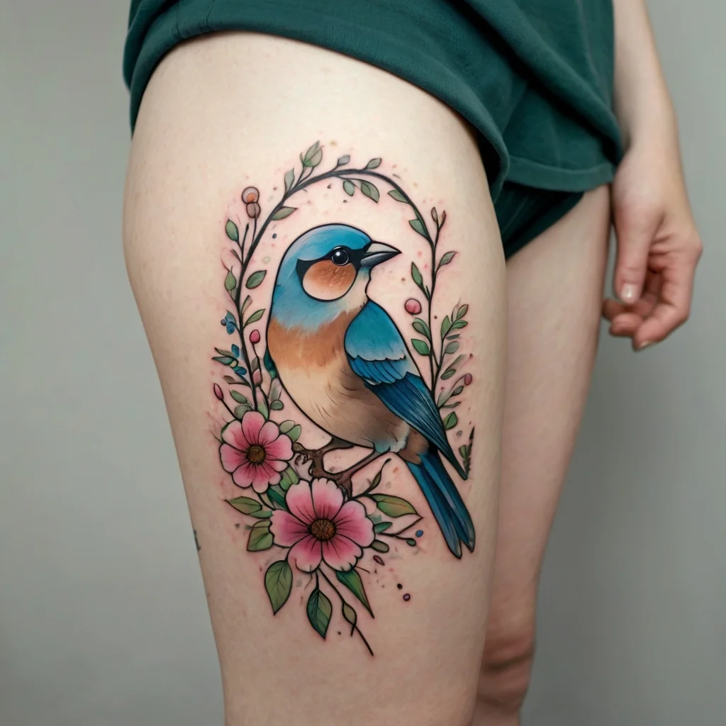 Tattoo of a vibrant blue bird perched on a branch, surrounded by pink flowers and green leaves on the upper thigh.