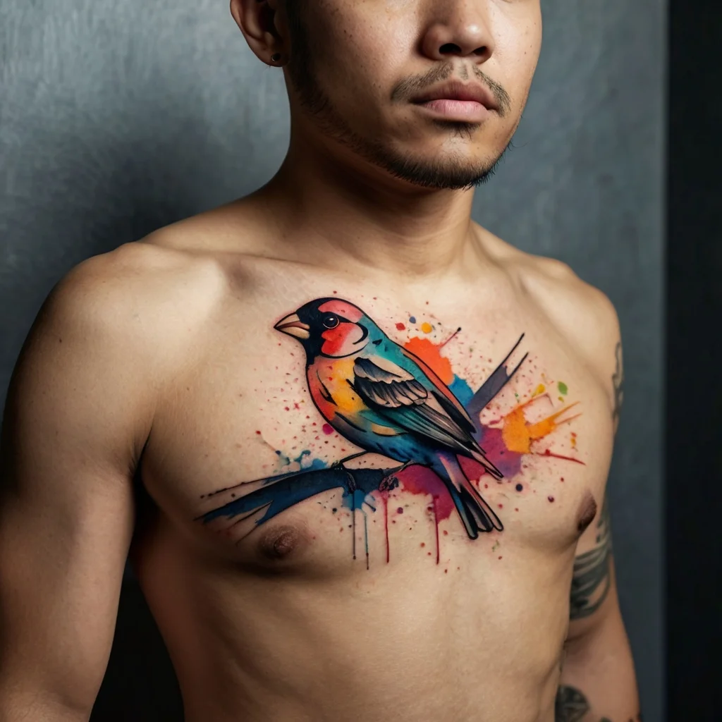 Vibrant watercolor tattoo of a bird perched on a branch, featuring splashes of blue, orange, and pink on the person's chest.