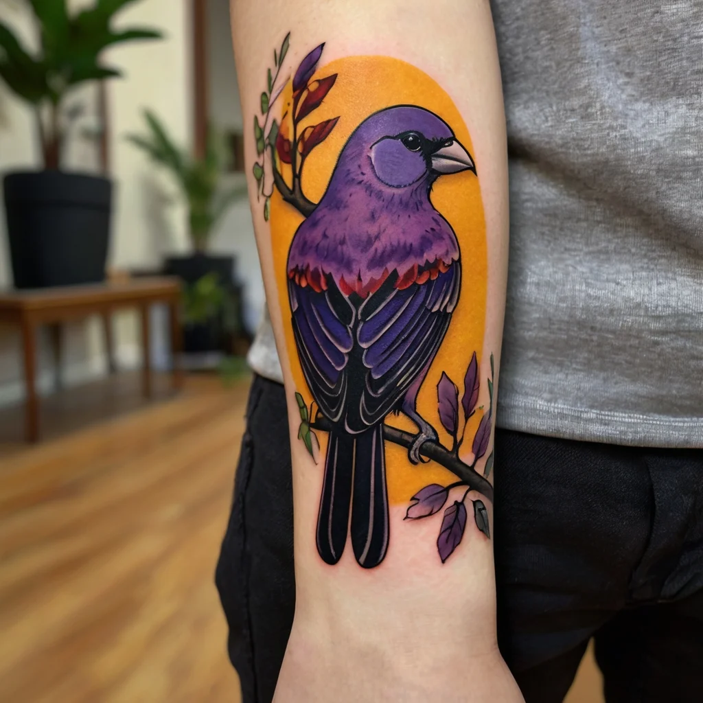 A vibrant tattoo of a purple bird perched on a branch, against a bright orange oval background with colorful leaves.