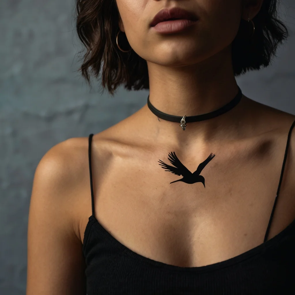 Silhouette tattoo of a bird in flight on the chest, symbolizing freedom and grace against a minimalist backdrop.