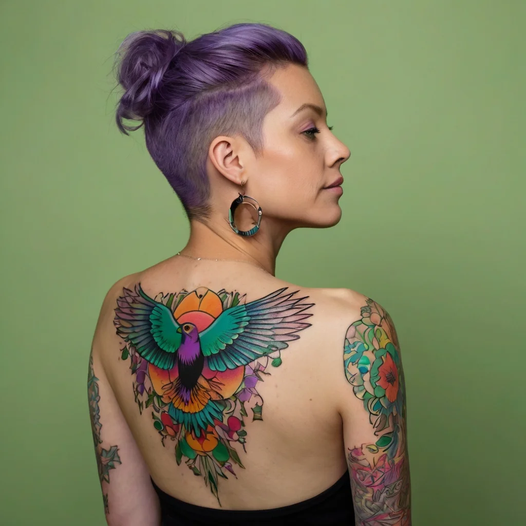 Colorful bird tattoo on woman's back, wings spread wide, surrounded by vibrant flowers. Sleeve features floral design.