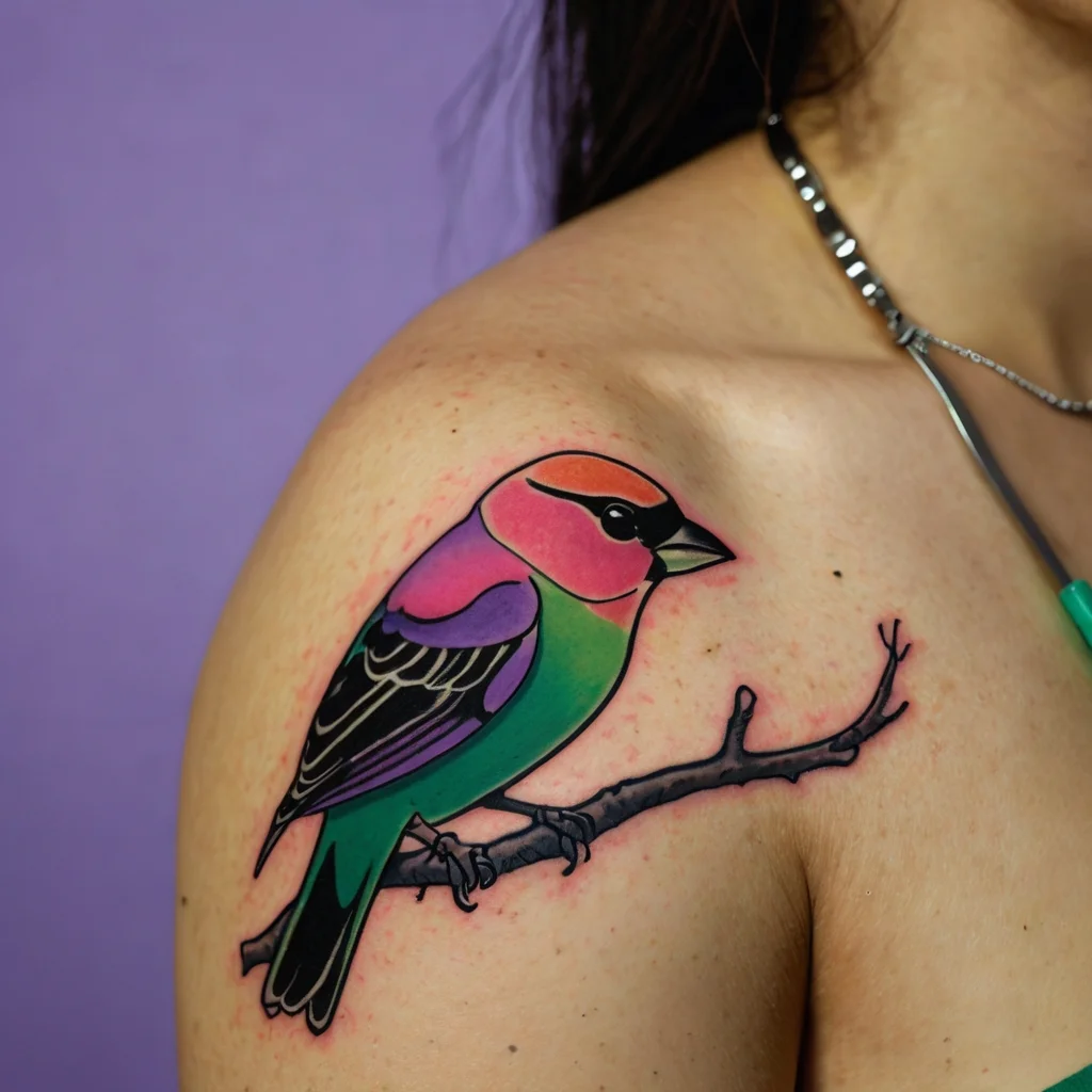 Colorful bird tattoo on shoulder, featuring vivid pink, green, and blue hues with black outlines, perched on a branch.