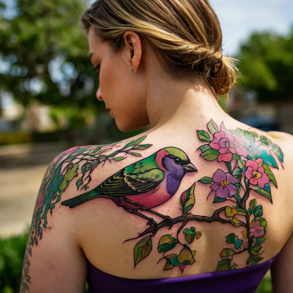 Vibrant tattoo of a colorful bird perched on a branch with pink flowers and green leaves across the woman's shoulder blade.