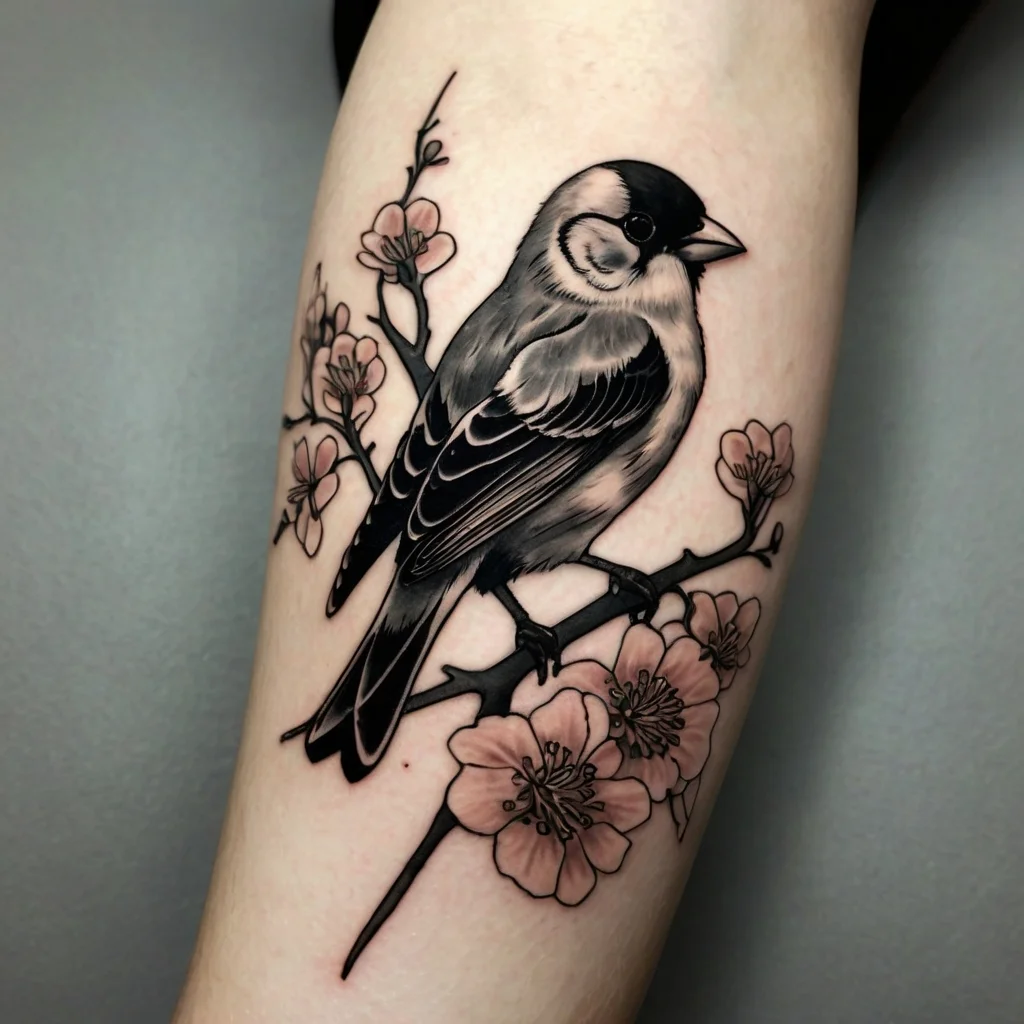 A detailed bird tattoo perched on a branch with pink blossoms, featuring bold black and grey shading.