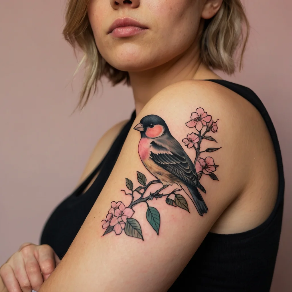 Realistic bird perched on a branch with pink flowers, vibrant colors and intricate shading on the upper arm.