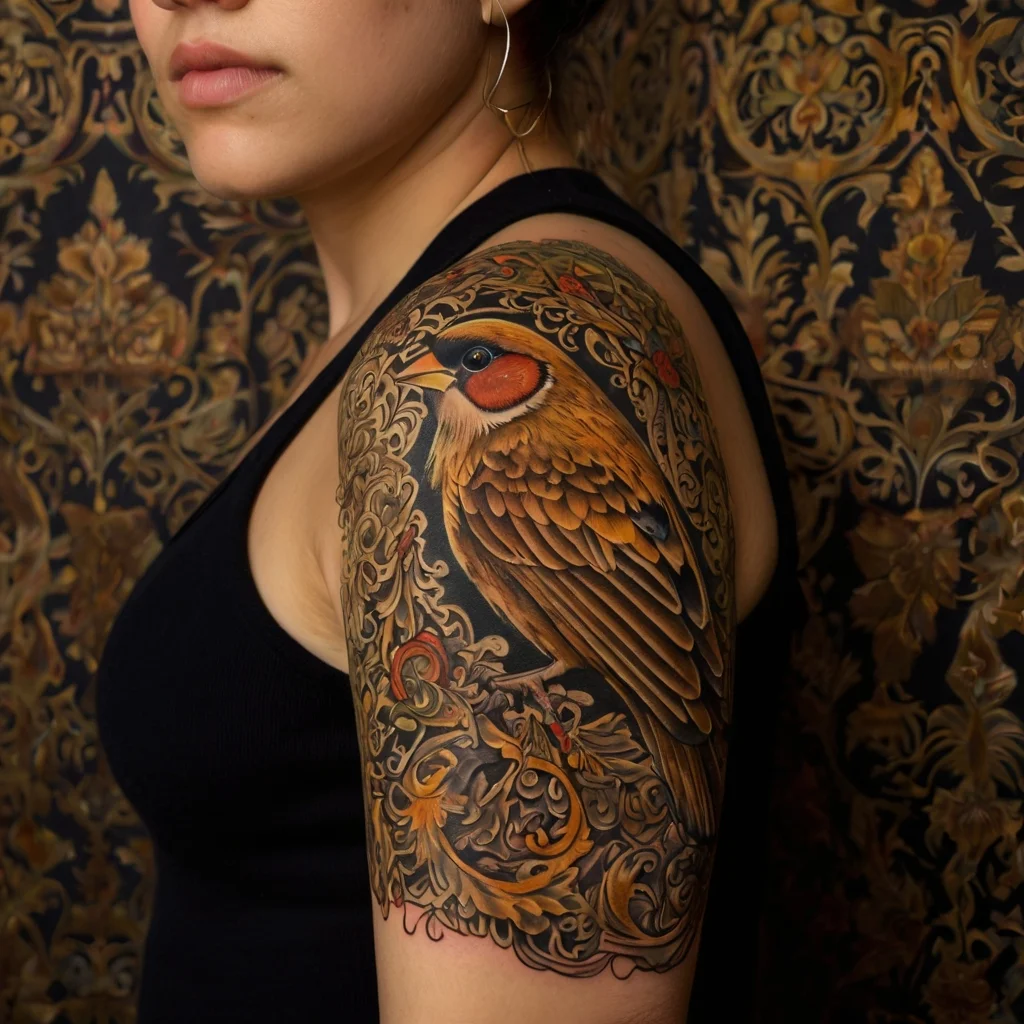 Ornate tattoo of a bird with golden-brown feathers, surrounded by intricate scrollwork and floral motifs on upper arm.