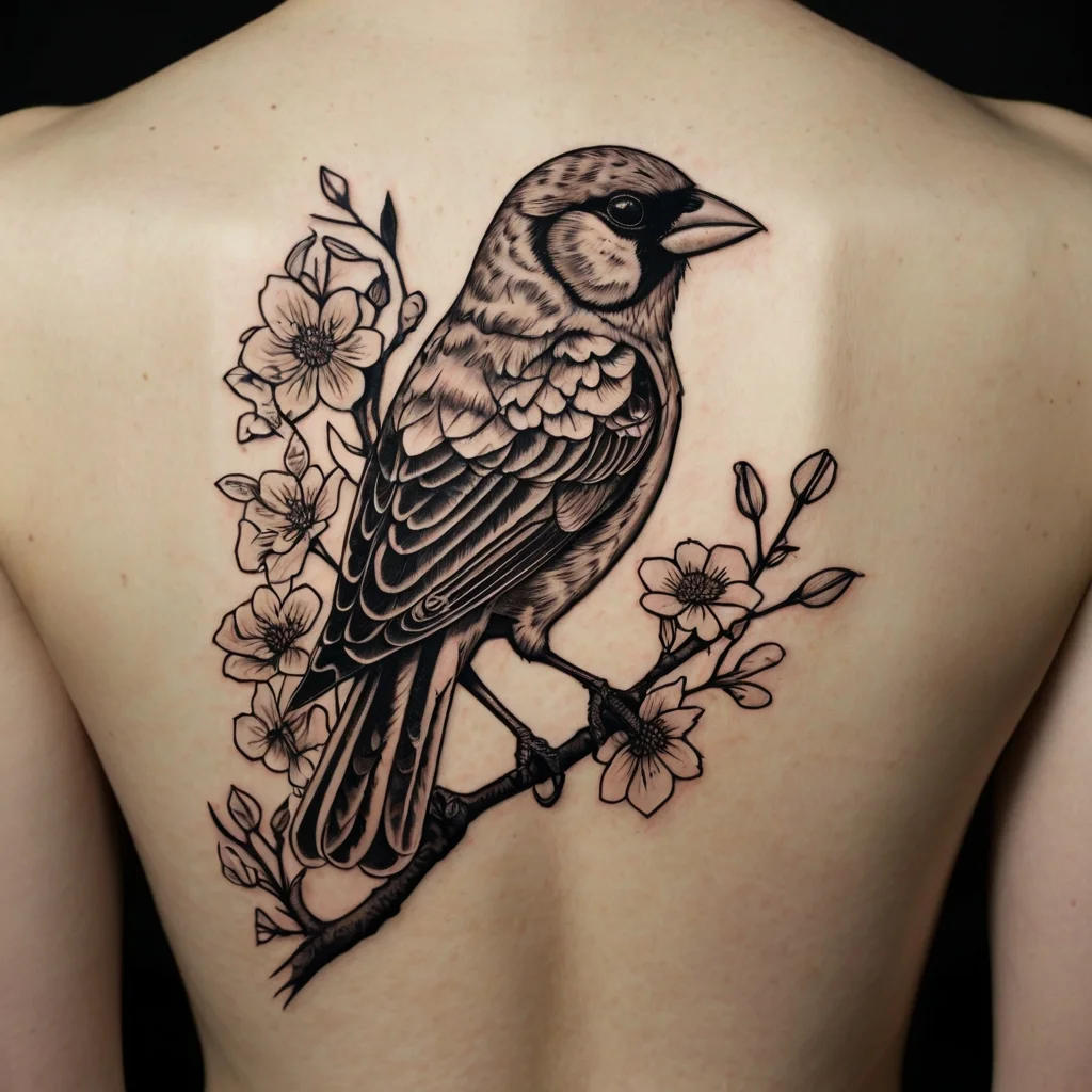 Tattoo of a detailed bird perched on a branch with flowers, showcasing intricate linework and shading on the back.