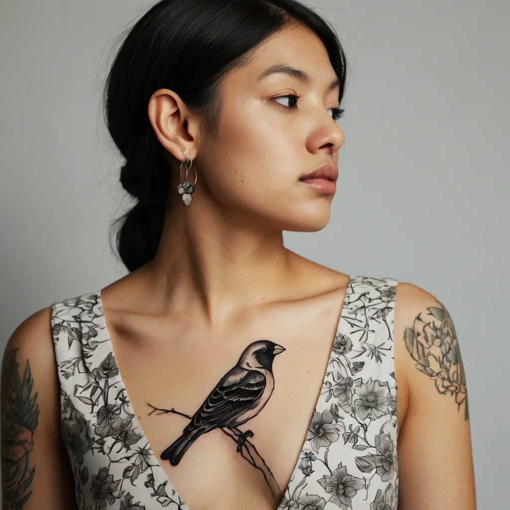 Chest tattoo of a bird on a branch, black and gray realism style, with floral tattoos on both arms.